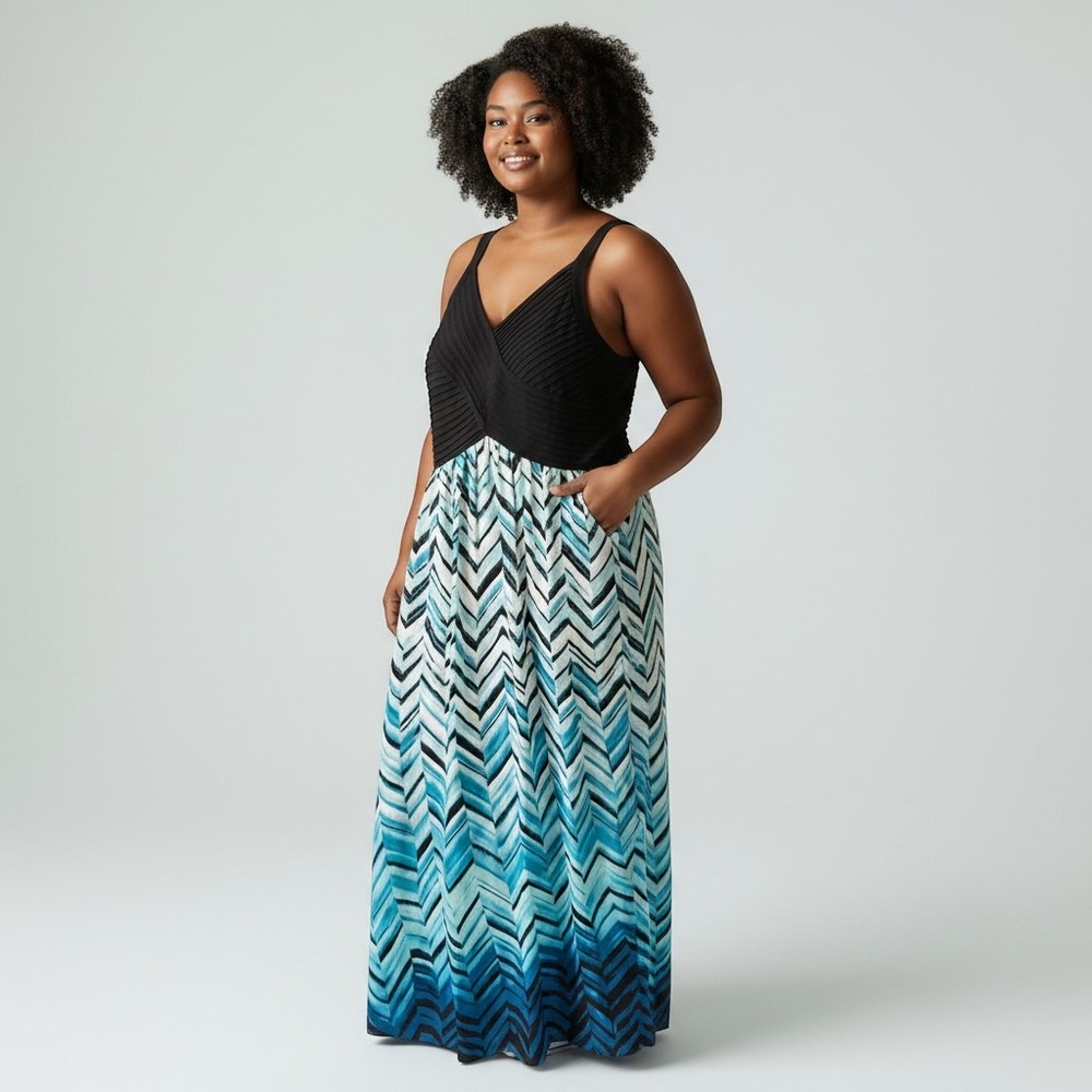 NWT Bethany Womens XXL Teal Blue Chevron Pleated V-Neck Sleeveless Maxi Dress